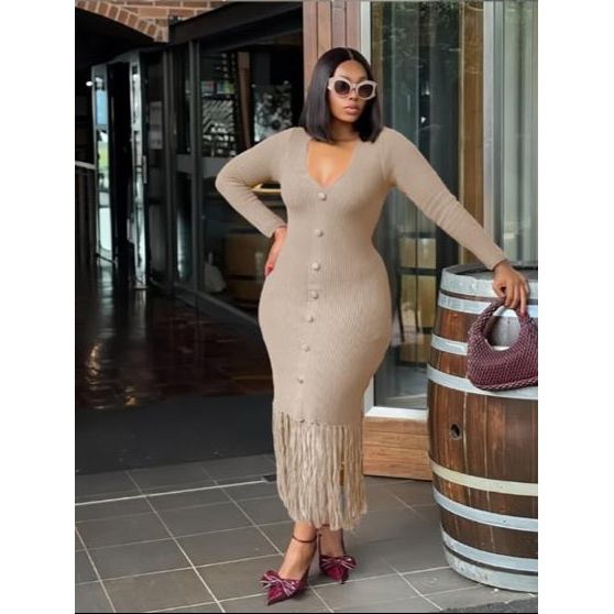 Long Sleeve Bottom Tassel Midi Dress
