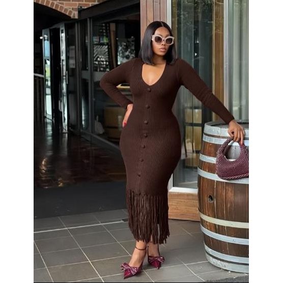 Long Sleeve Bottom Tassel Midi Dress