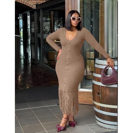 Long Sleeve Bottom Tassel Midi Dress
