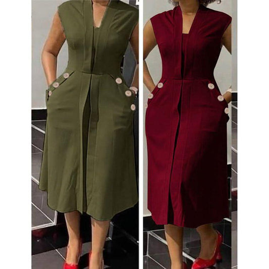 Sleeveless Ruffle Front Trim Button Sexy Midi Dress