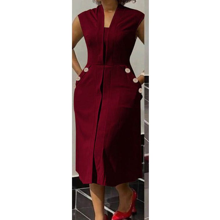 Sleeveless Ruffle Front Trim Button Sexy Midi Dress