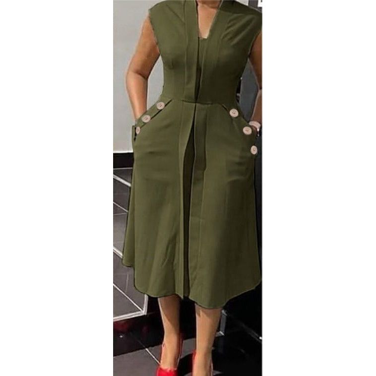 Sleeveless Ruffle Front Trim Button Sexy Midi Dress