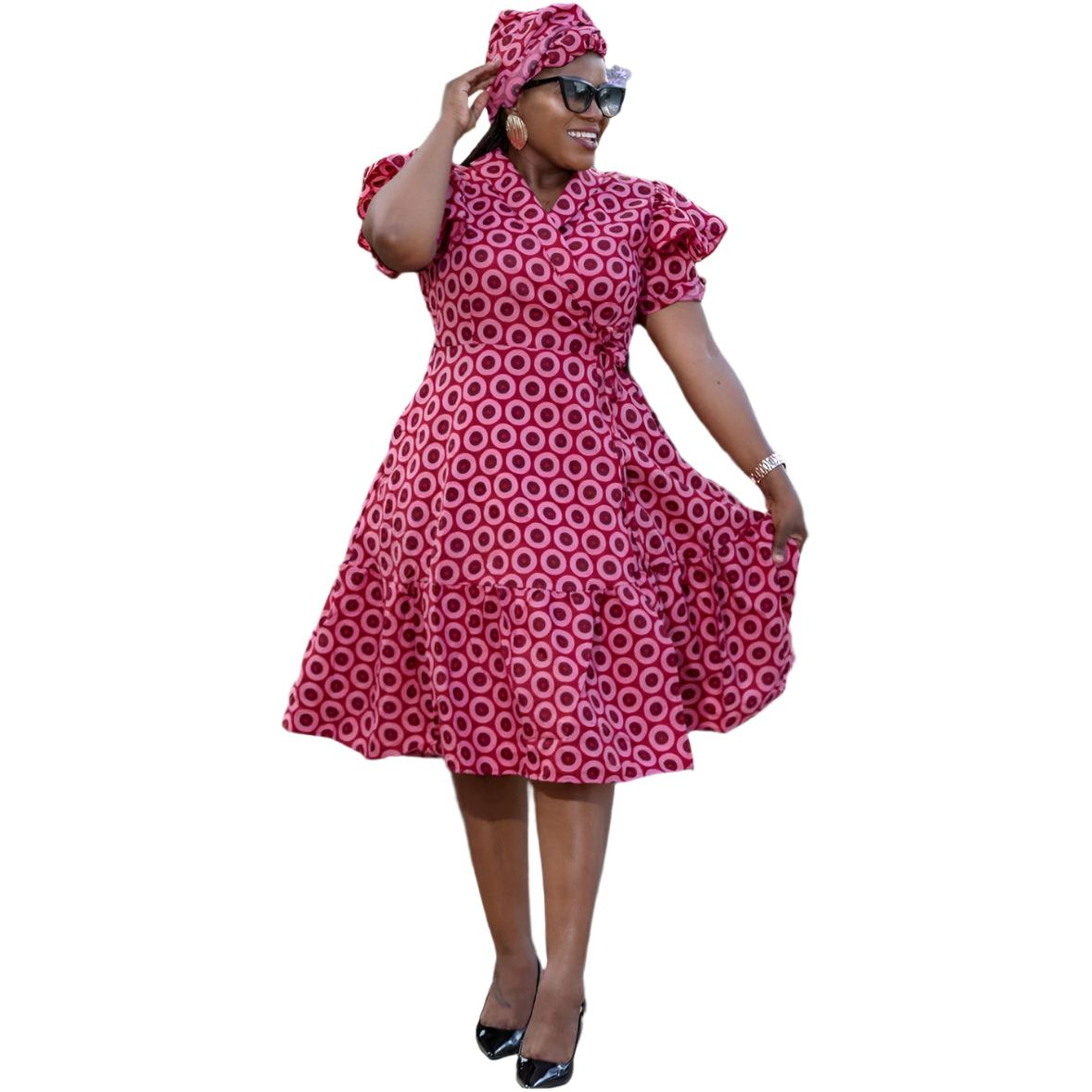 Short Sleeve African Print Pleated Knee Dress.