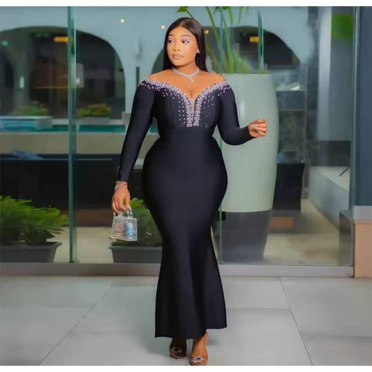 Sexy Diamond V-Neck Sheer Long Sleeve Tight-Fitting Hem Bodycon Dress