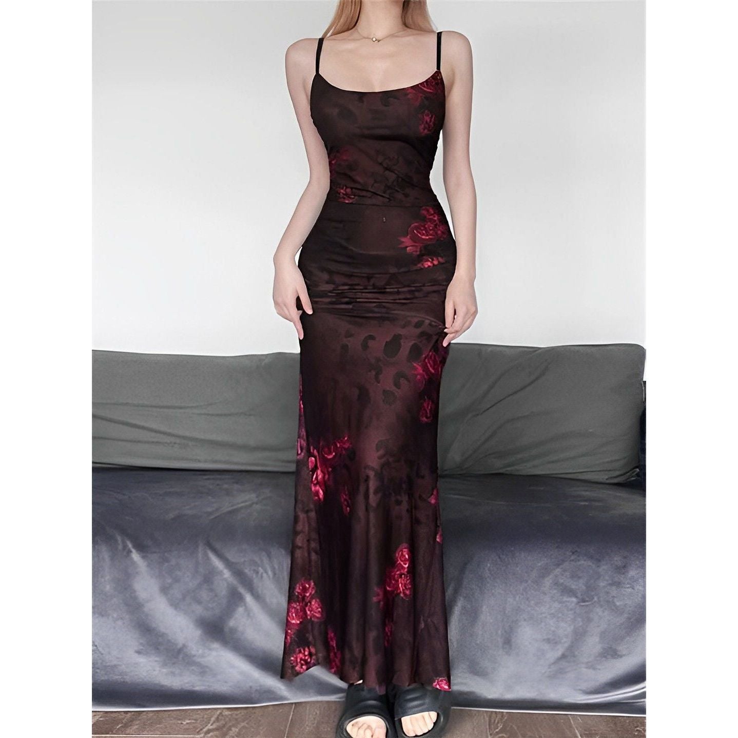 Spaghetti Strap Print Sleeveless Bodycon Long Dress