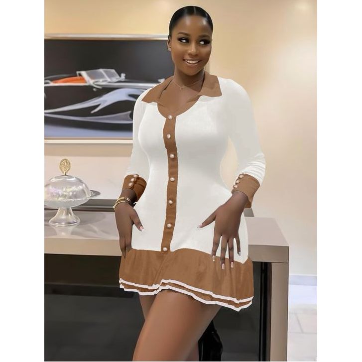 Down Collar Lapel Bell Sleeve Breasted Long Sleeve Short Dress