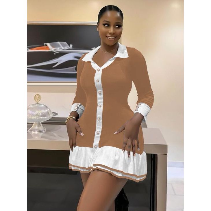 Down Collar Lapel Bell Sleeve Breasted Long Sleeve Short Dress