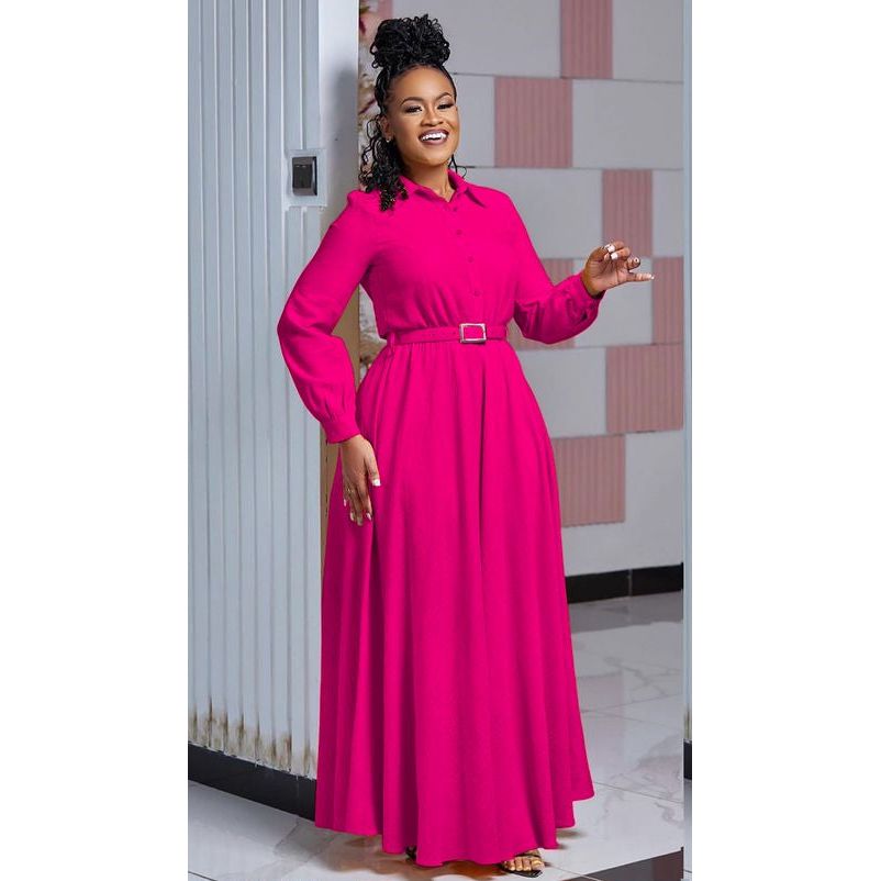 Stand Collar Flared Sleeve Fitted Hem Elegant Long Dress