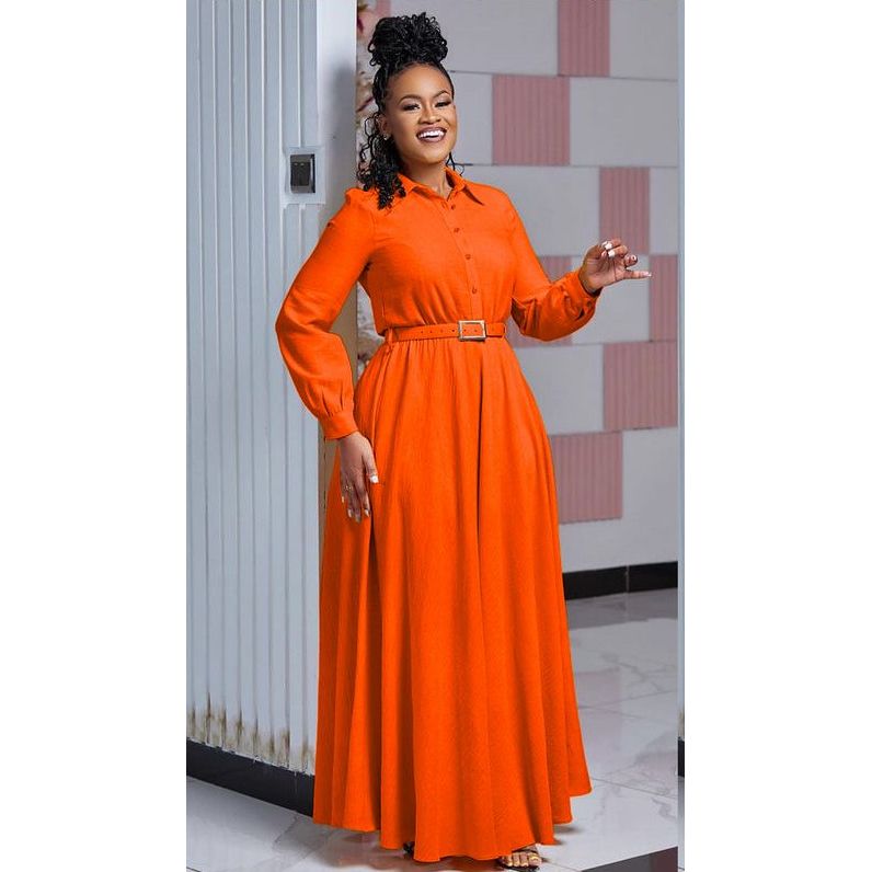 Stand Collar Flared Sleeve Fitted Hem Elegant Long Dress