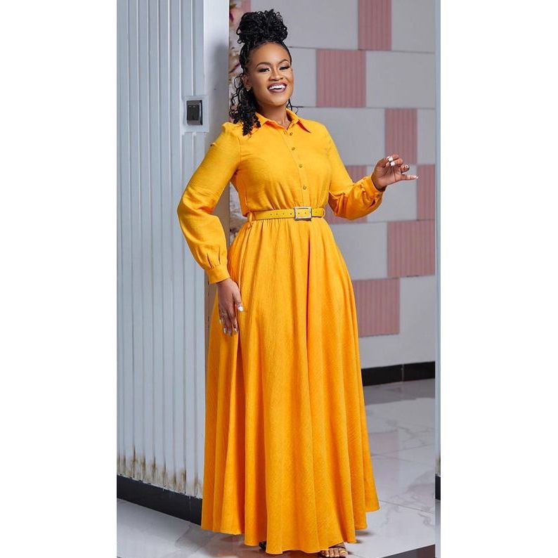 Stand Collar Flared Sleeve Fitted Hem Elegant Long Dress