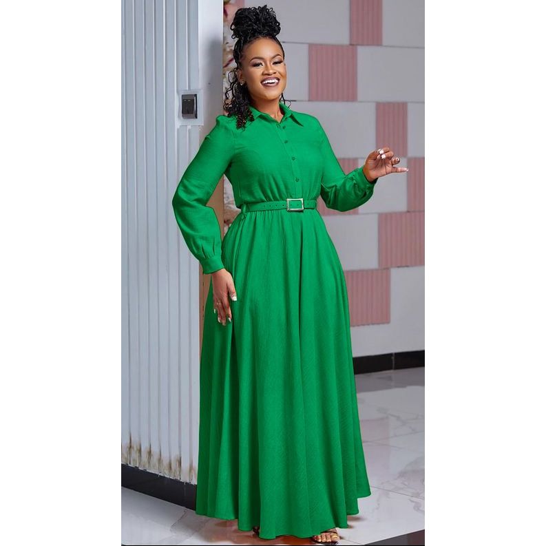 Stand Collar Flared Sleeve Fitted Hem Elegant Long Dress