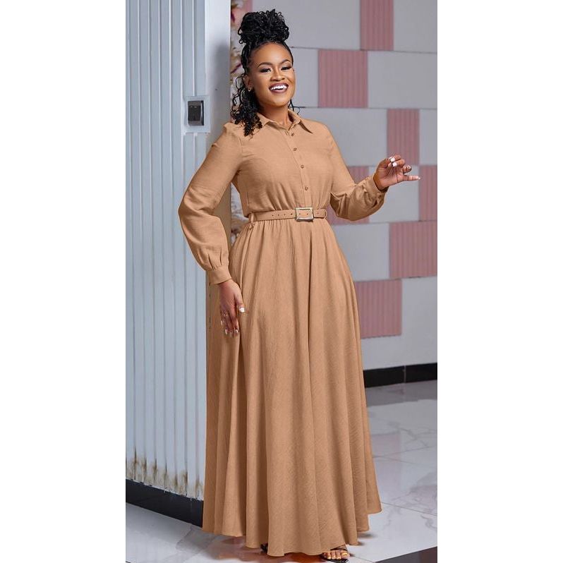 Stand Collar Flared Sleeve Fitted Hem Elegant Long Dress