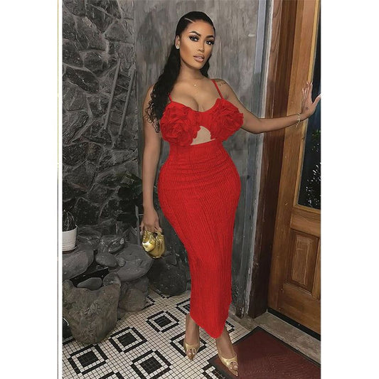 Floral Breasted Prom Night Elegant Party Pleated Dress