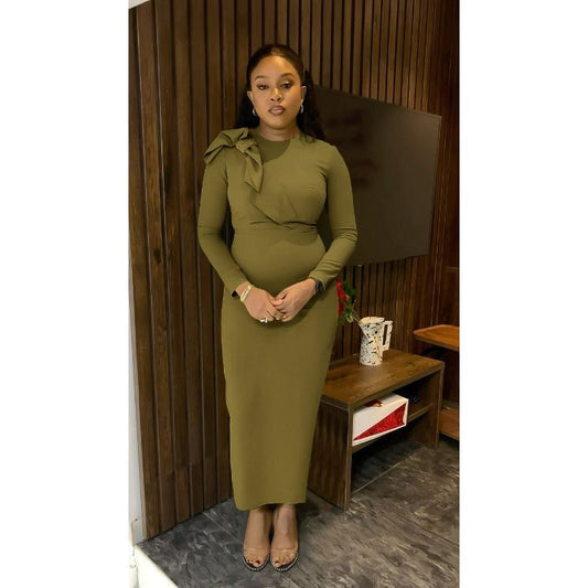 Formal Knitted Shoulder Bowknot Design Long Sleeve Maxi Dress