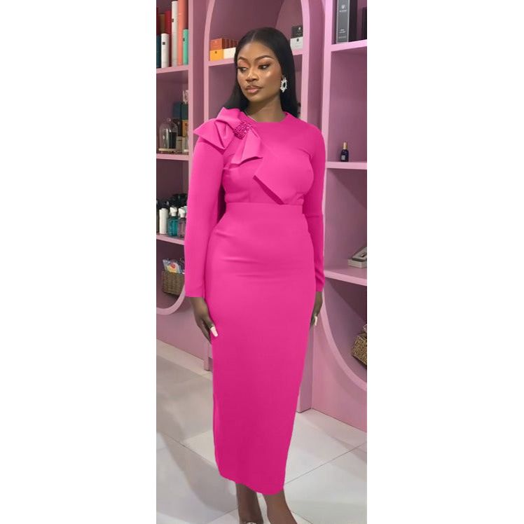 Formal Knitted Shoulder Bowknot Design Long Sleeve Maxi Dress