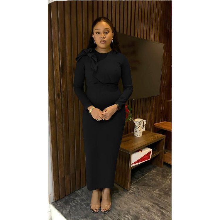 Formal Knitted Shoulder Bowknot Design Long Sleeve Maxi Dress