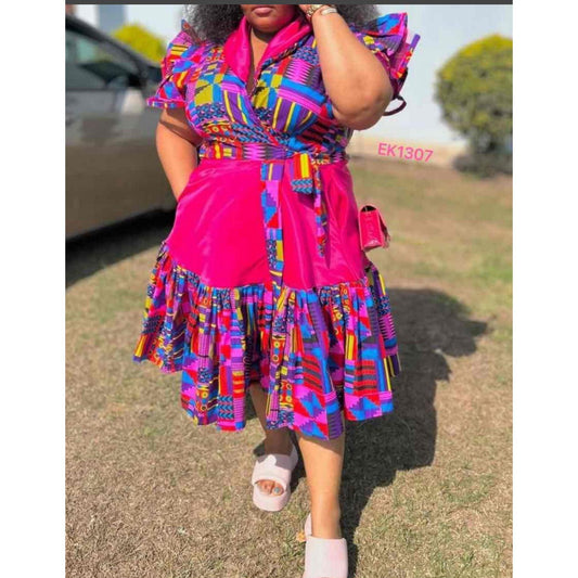 Lace Puffy Short Sleeve Wrap Around Pocket African Traditional Dress