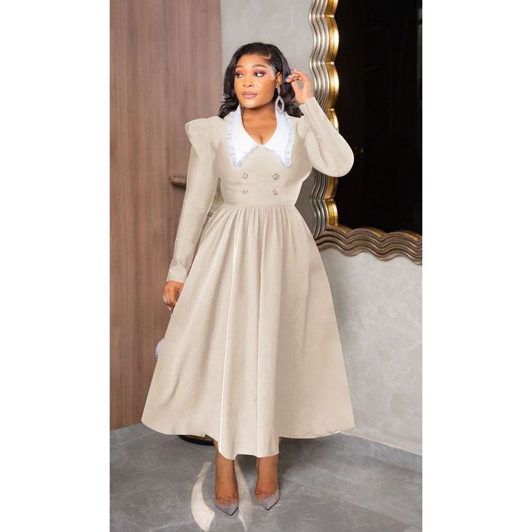 Contrast Collar Fold Pleated Dress