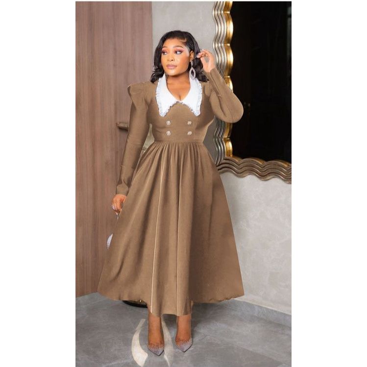 Contrast Collar Fold Pleated Dress