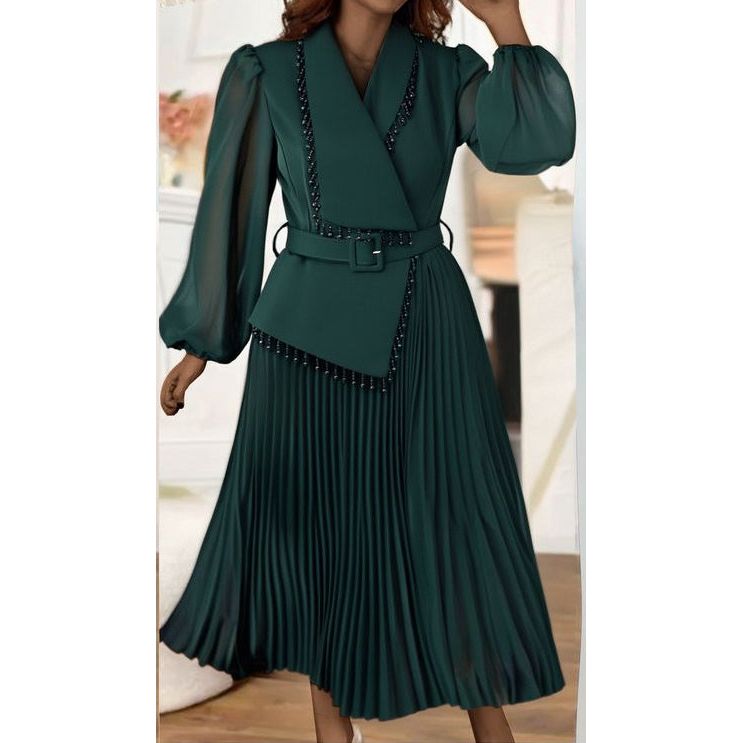 Long Lace Sleeved Pleated V-Neck Midi Dress