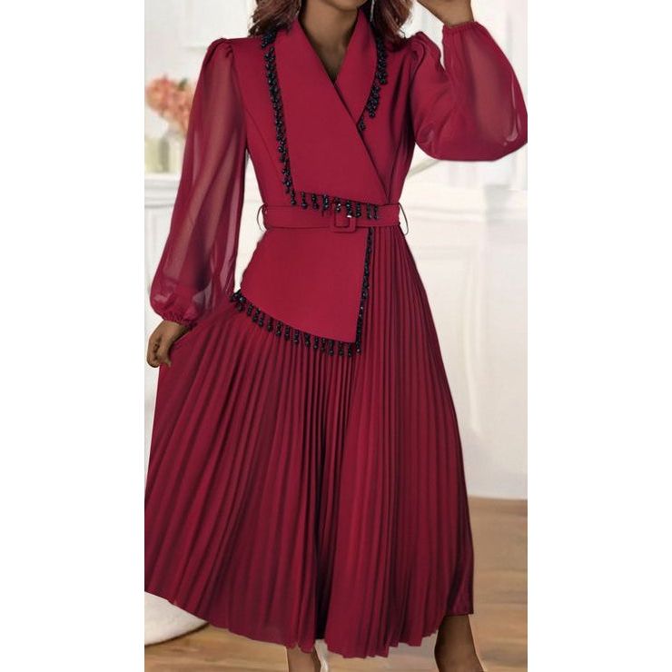Long Lace Sleeved Pleated V-Neck Midi Dress
