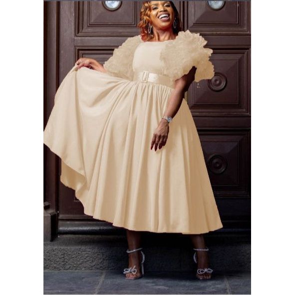 Flare Short Sleeve Round-Neck Belted Midi Dress