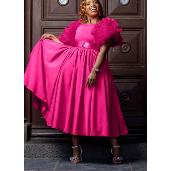 Flare Short Sleeve Round-Neck Belted Midi Dress