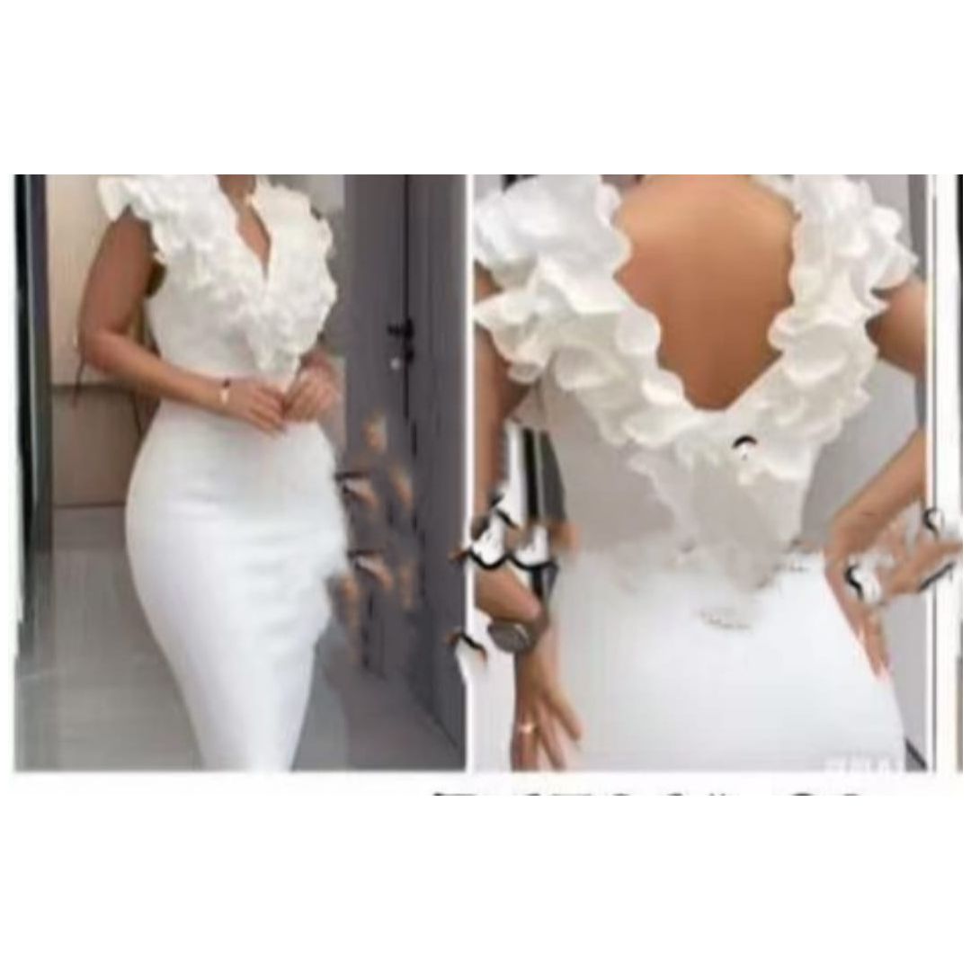 Ruffle V Neck Sleeveless Bodycon Midi Dress