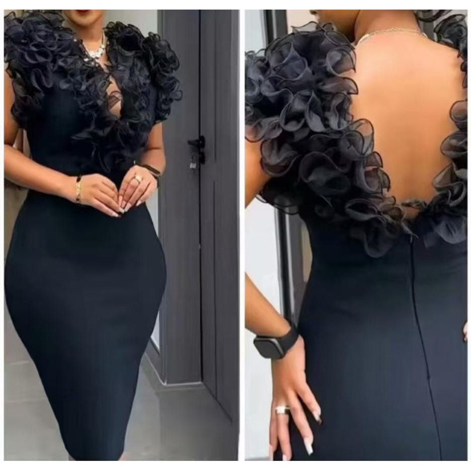 Ruffle V Neck Sleeveless Bodycon Midi Dress