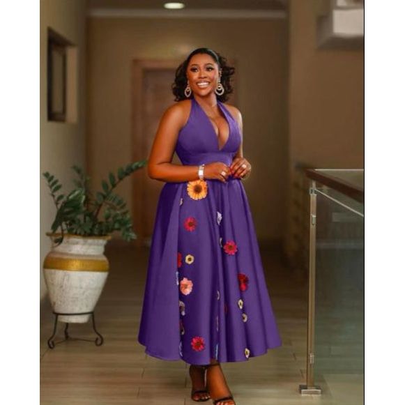 Halter Neck Patched Flower Design Elegant Boobtube Maxi Dress.