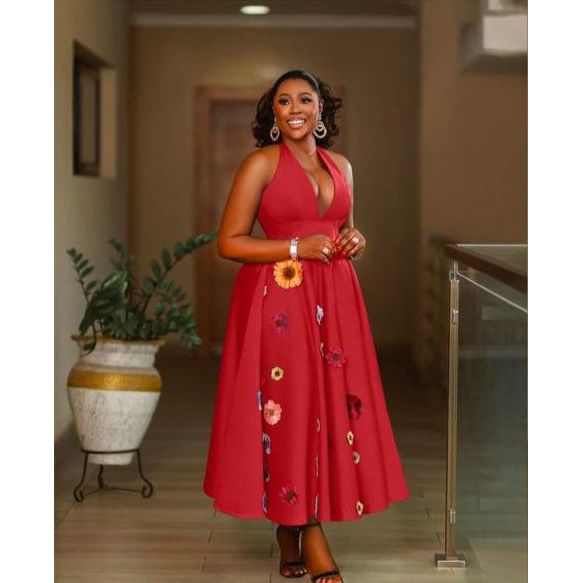 Halter Neck Patched Flower Design Elegant Boobtube Maxi Dress.