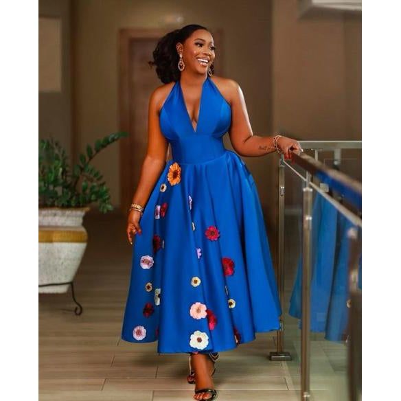 Halter Neck Patched Flower Design Elegant Boobtube Maxi Dress.