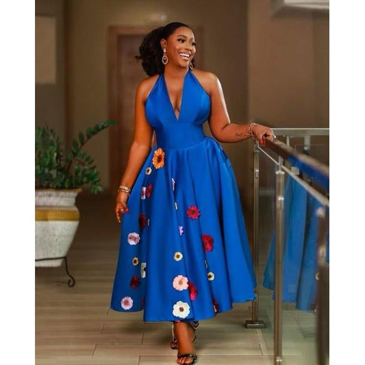 Halter Neck Patched Flower Design Elegant Boobtube Maxi Dress.