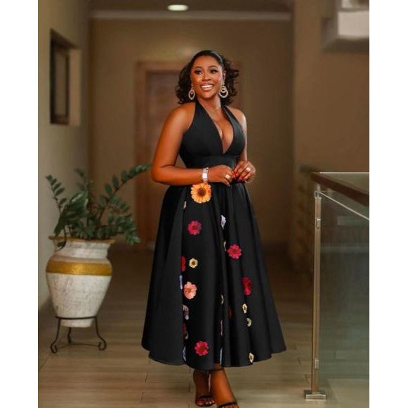 Halter Neck Patched Flower Design Elegant Boobtube Maxi Dress.