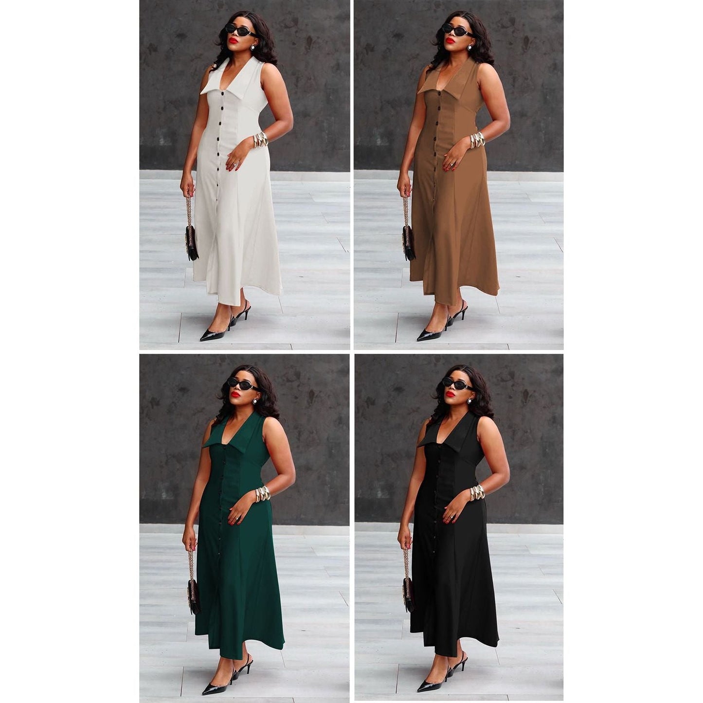 Solid Button Front Sleeveless Shirt Dress