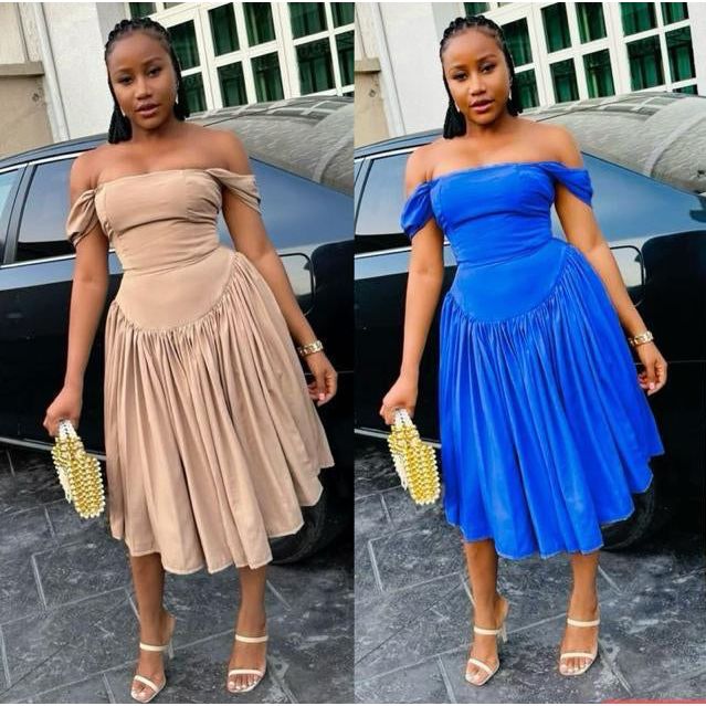 Off-Shoulder High waist Pleated Midi Dress