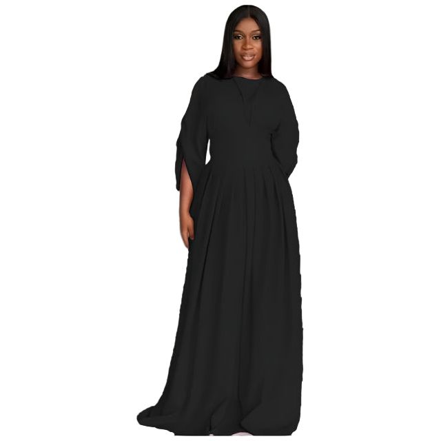 Plain Color Lantern Sleeve Cinched Waist Pleated Long Dress