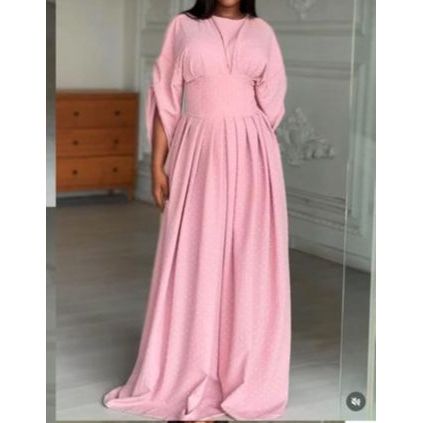 Plain Color Lantern Sleeve Cinched Waist Pleated Long Dress