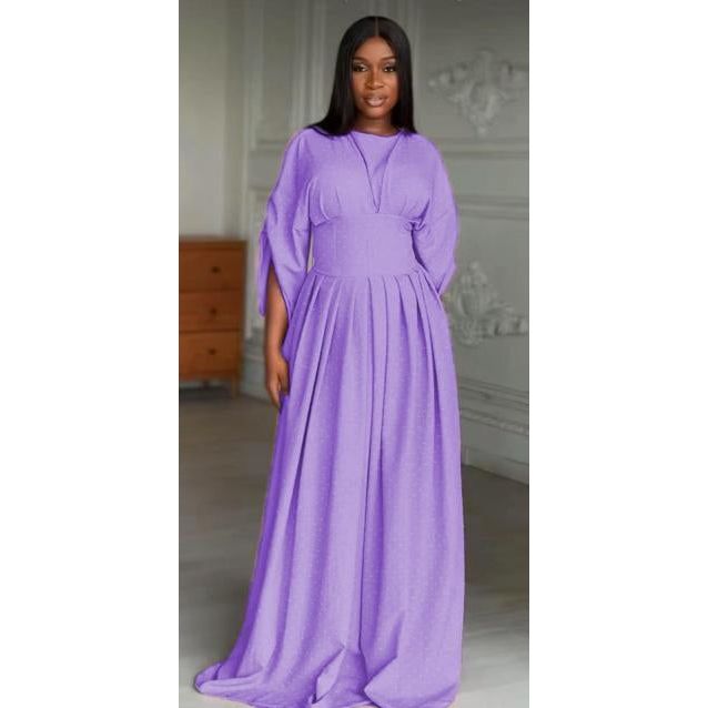 Plain Color Lantern Sleeve Cinched Waist Pleated Long Dress
