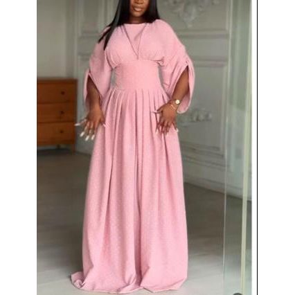 Plain Color Lantern Sleeve Cinched Waist Pleated Long Dress