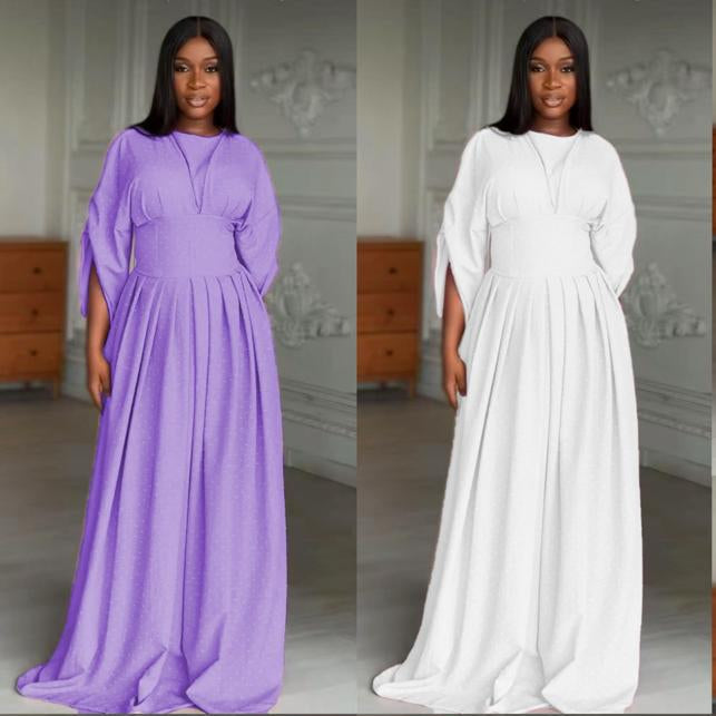 Plain Color Lantern Sleeve Cinched Waist Pleated Long Dress