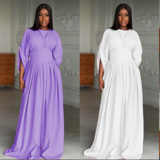 Plain Color Lantern Sleeve Cinched Waist Pleated Long Dress