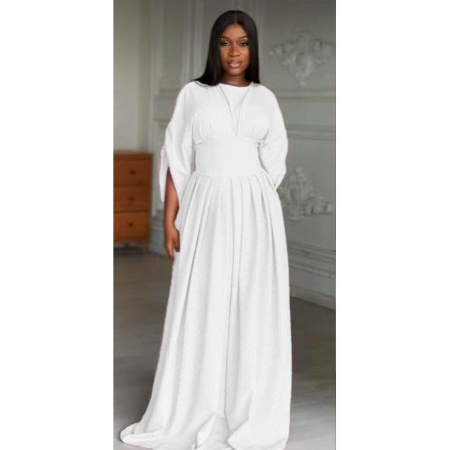 Plain Color Lantern Sleeve Cinched Waist Pleated Long Dress