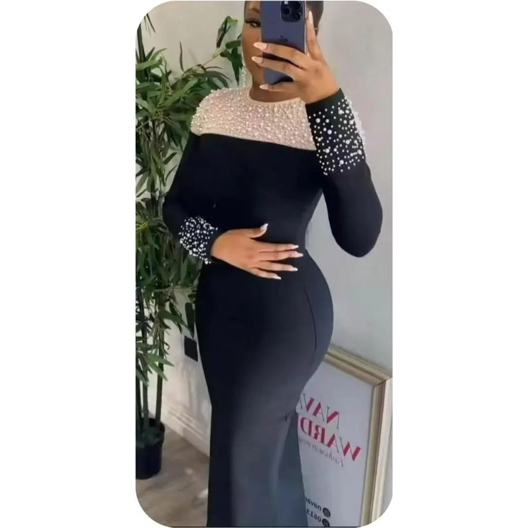 Plus Size Beads Padded Mesh Round Neck Long Bodycon Maxi Dress