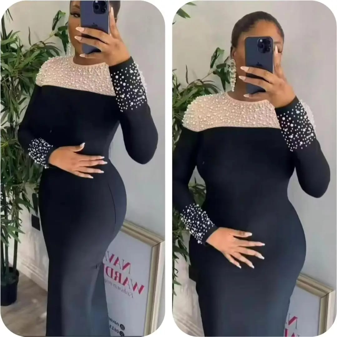 Plus Size Beads Padded Mesh Round Neck Long Bodycon Maxi Dress