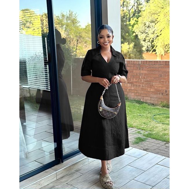 Short Sleeve Formal Collar A-line Midi Dress
