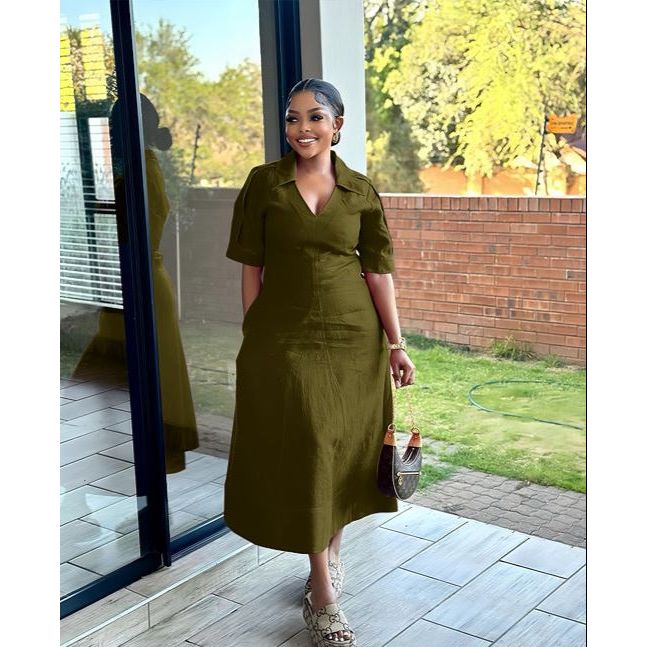 Short Sleeve Formal Collar A-line Midi Dress