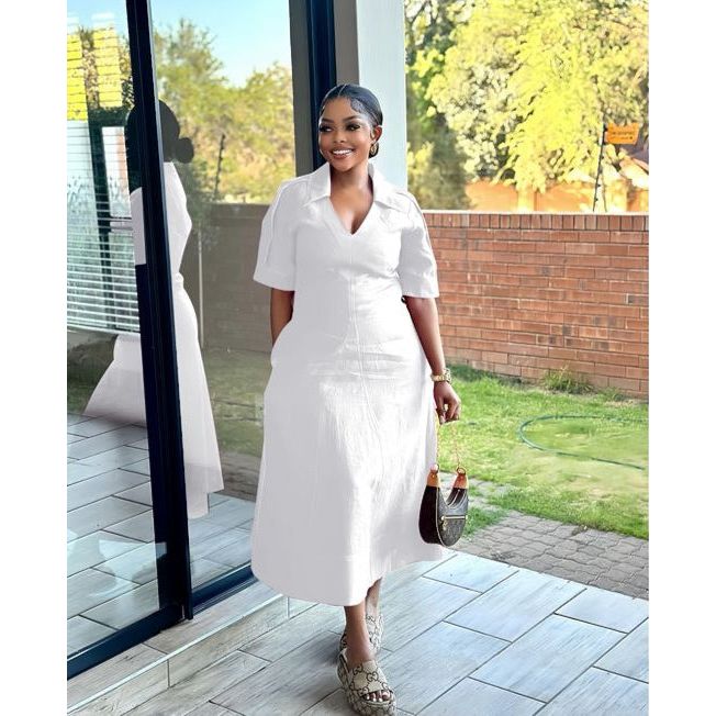 Short Sleeve Formal Collar A-line Midi Dress