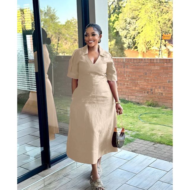 Short Sleeve Formal Collar A-line Midi Dress