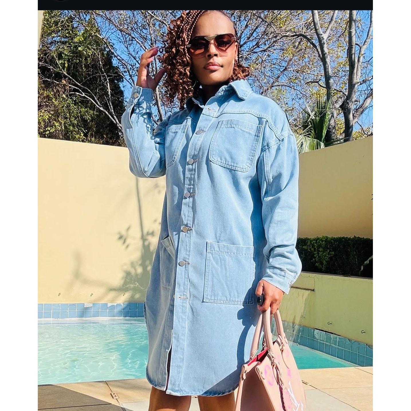 Long Sleeve Cargo Denim Shirt Dress